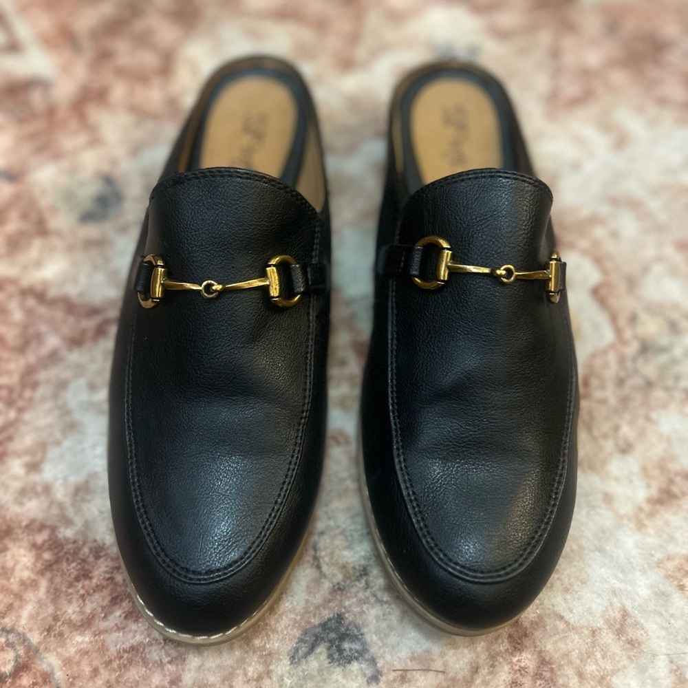 Sofft Leather black open backed loafers